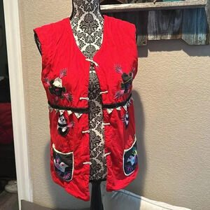 Vintage Asian Women's Size Folk Art Vest Embroidered Panda & Quilted Patchwork